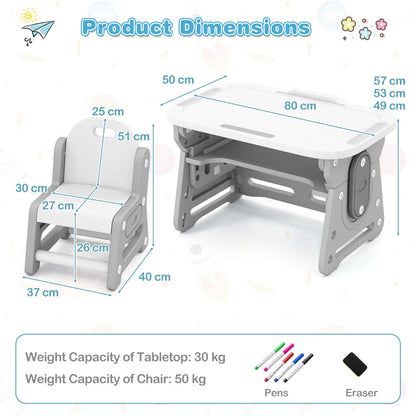 The kids table and chair set with labels showing dimensions and weight capacity details