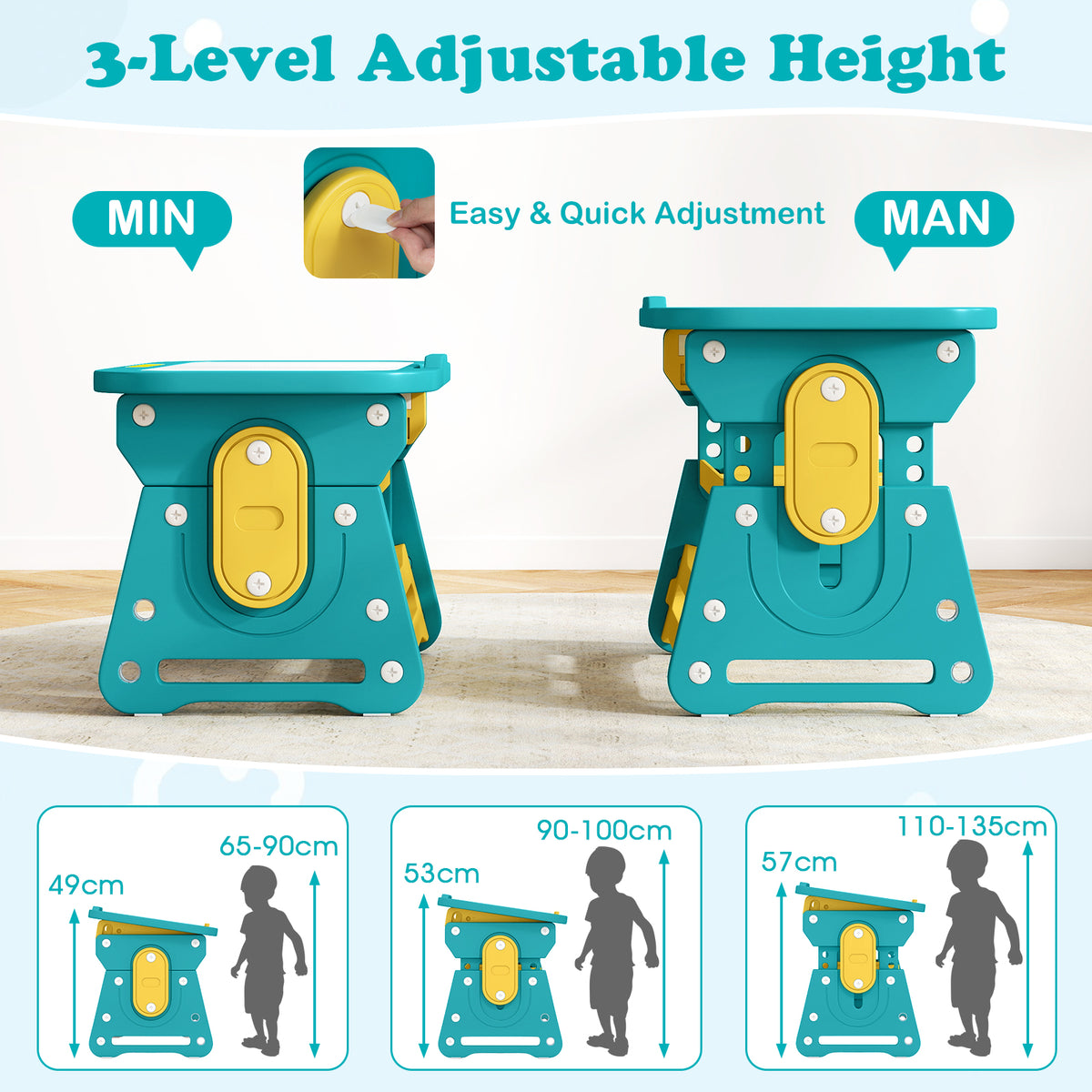 Three height settings for the kids table and chair set with children silhouettes