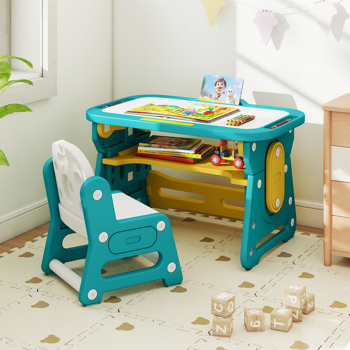 Child sitting at the kids table and chair set in a room with toys