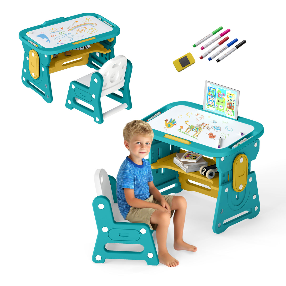 Kids Table and Chair Set with tiltable whiteboard and book stand in yellow and teal