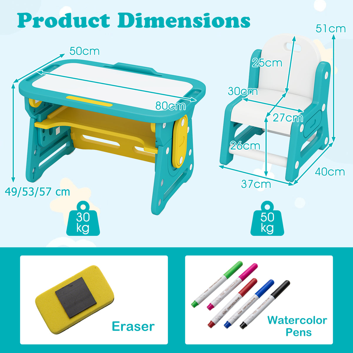 Product dimensions and included accessories for the kids table and chair set