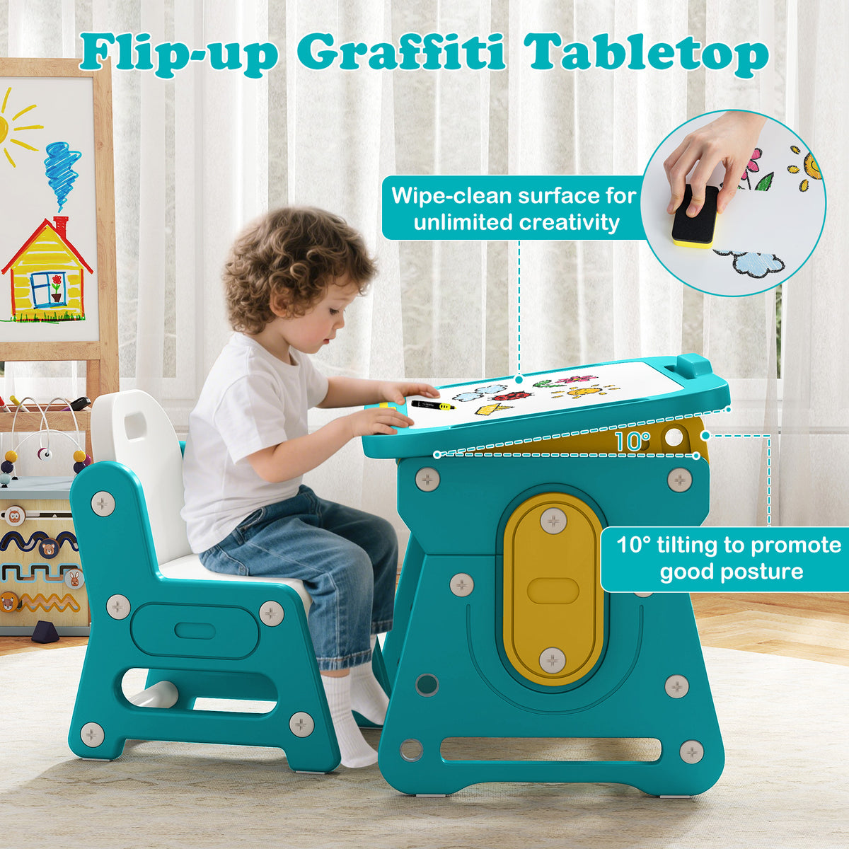 Child using the flip-up graffiti tabletop of the kids table and chair set