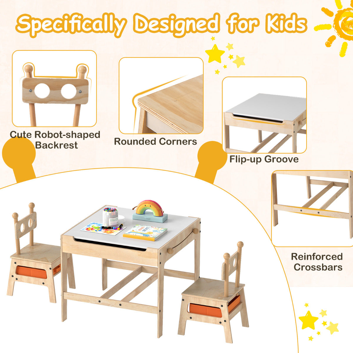The kids activity desk set features a cute robot-shaped backrest on the chairs and smooth rounded corners on the table