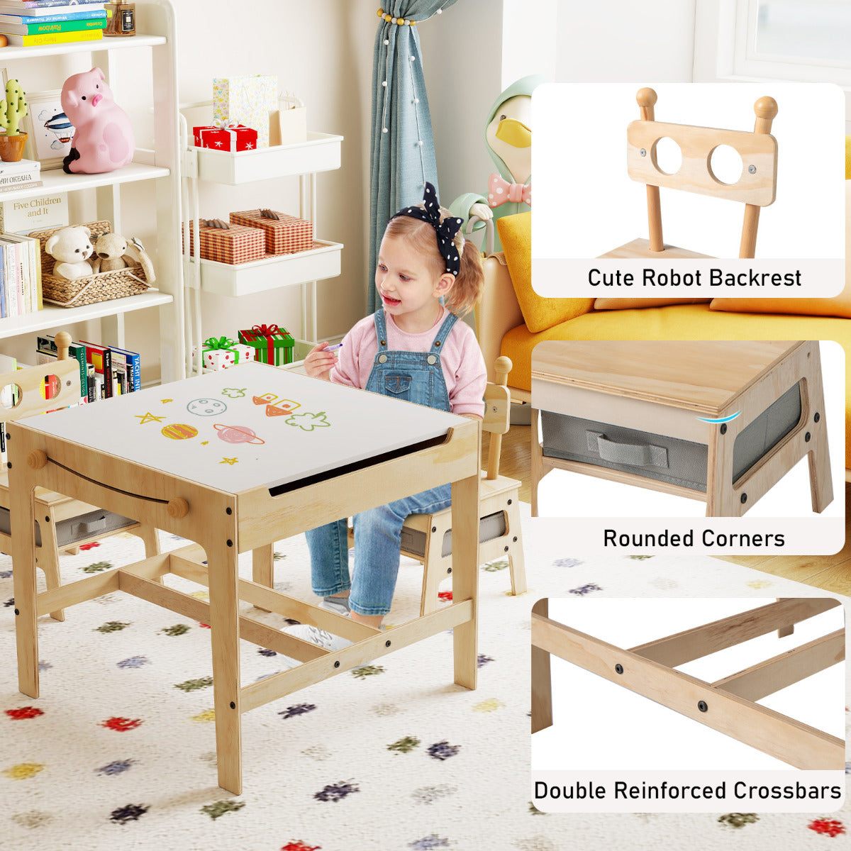 The activity desk set with close-up details of the chair back, rounded corners and crossbars