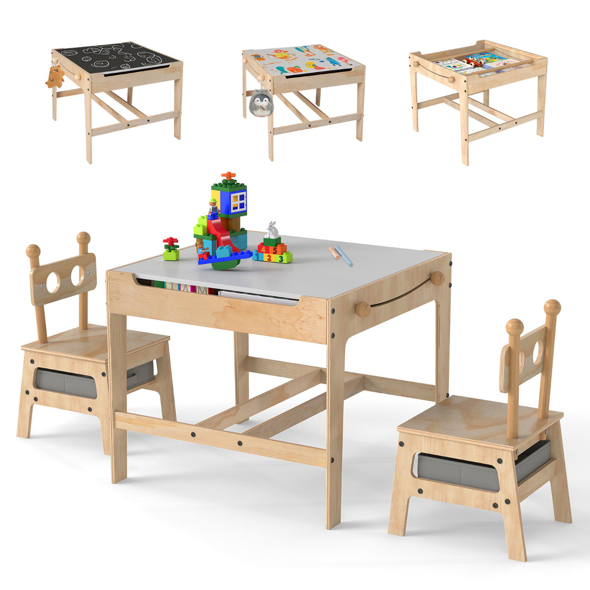 Kids Table and Chairs set with a bear shape design and multiple tabletop configurations shown