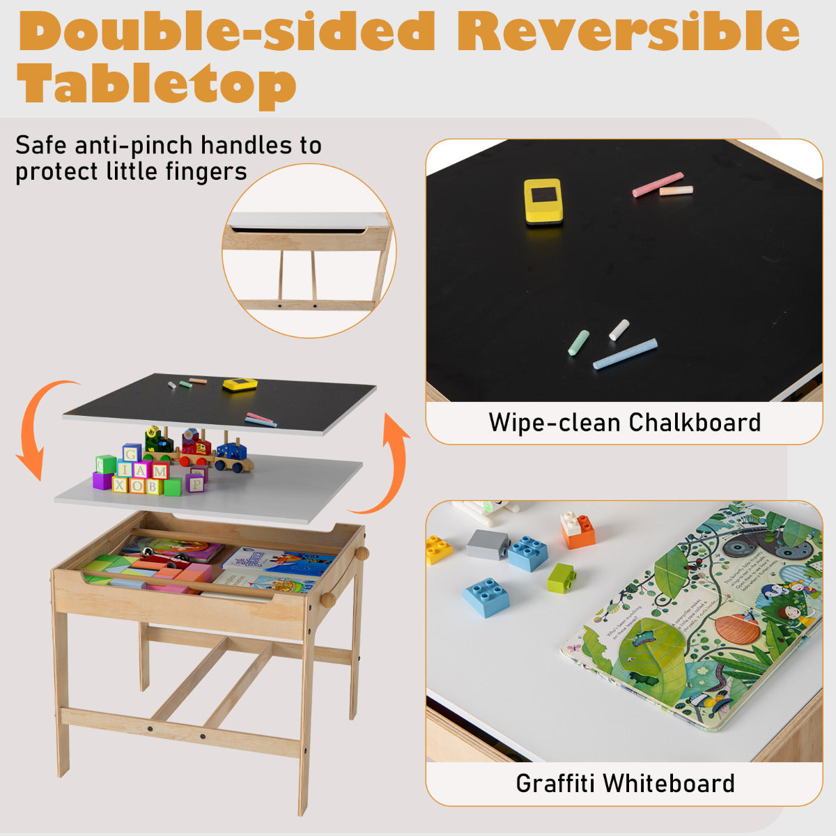The activity desk set showing the reversible tabletop with chalkboard and whiteboard sides