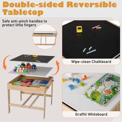 The activity desk set showing the reversible tabletop with chalkboard and whiteboard sides