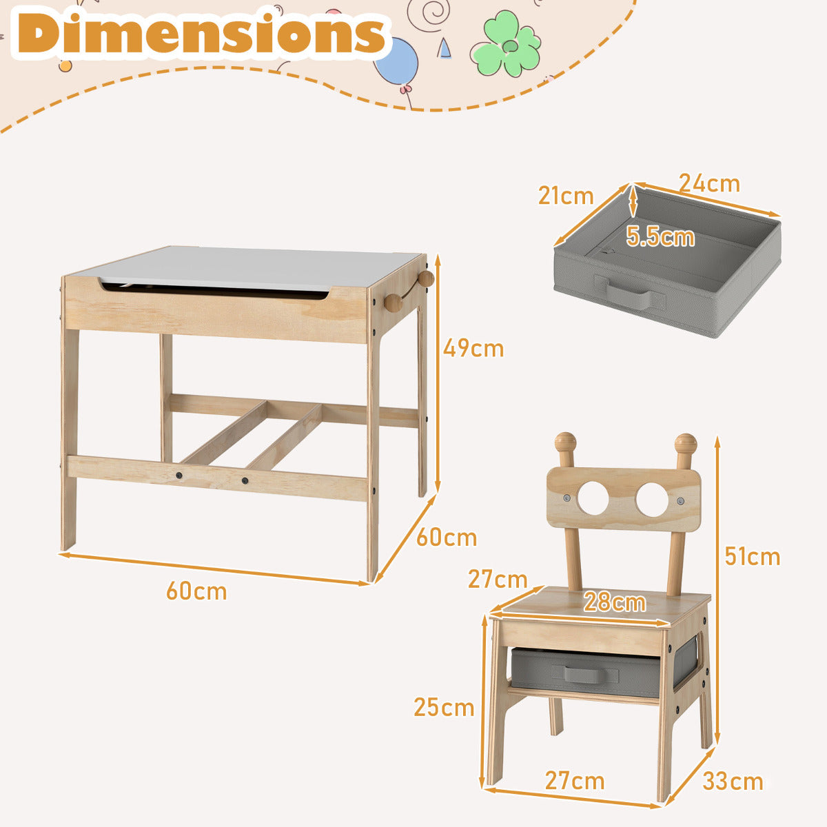 The activity desk set showing height and width measurements for the table and chairs