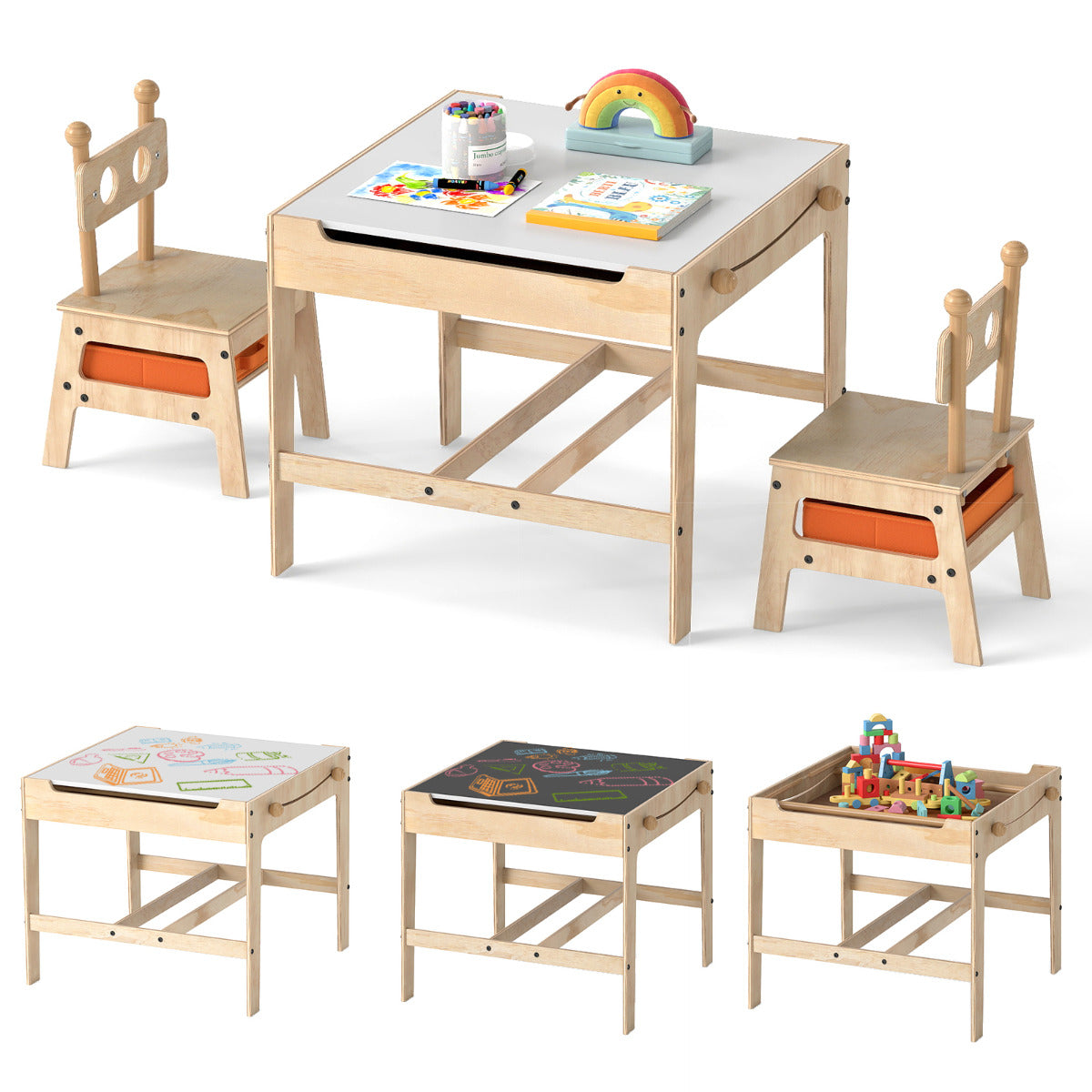 Kids Table and Chairs set with two chairs and a table with a white top and storage compartments underneath