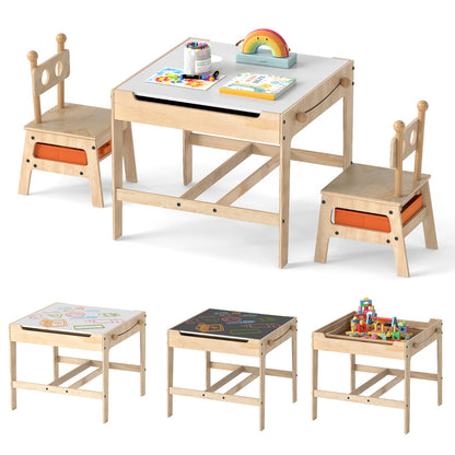 Kids Table and Chairs set with two chairs and a table with a white top and storage compartments underneath