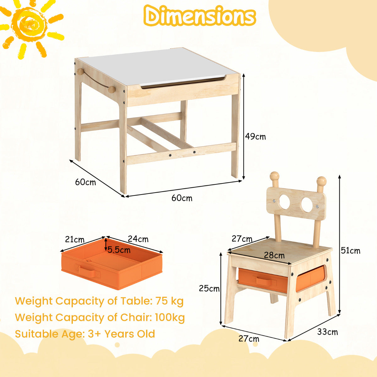 A diagram showing the dimensions of the kids activity desk and chairs, including storage box size