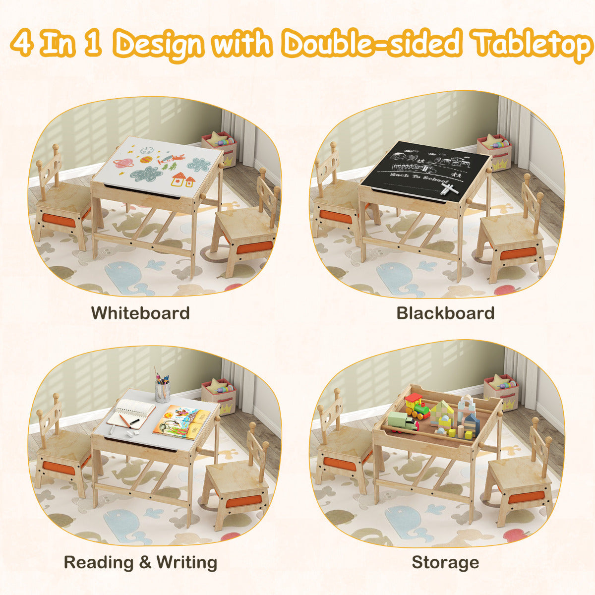 The kids activity desk has a 4-in-1 double-sided tabletop for whiteboard, blackboard, reading and writing, or storage use