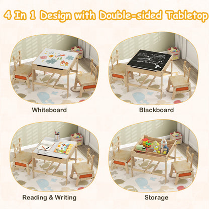 The kids activity desk has a 4-in-1 double-sided tabletop for whiteboard, blackboard, reading and writing, or storage use