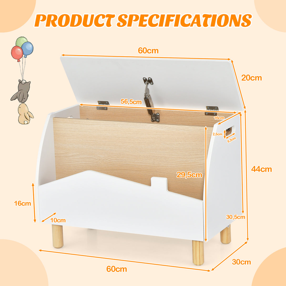 Product specifications diagram showing the dimensions of the white kids storage unit with safety hinge