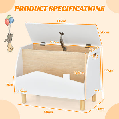 Product specifications diagram showing the dimensions of the white kids storage unit with safety hinge
