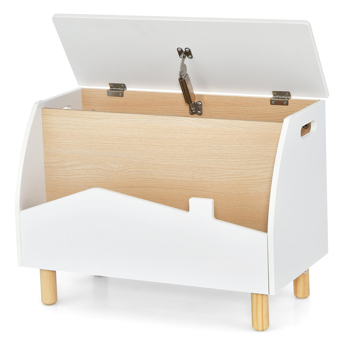 The open white kids storage unit with safety hinge is shown from the front with its wooden interior visible