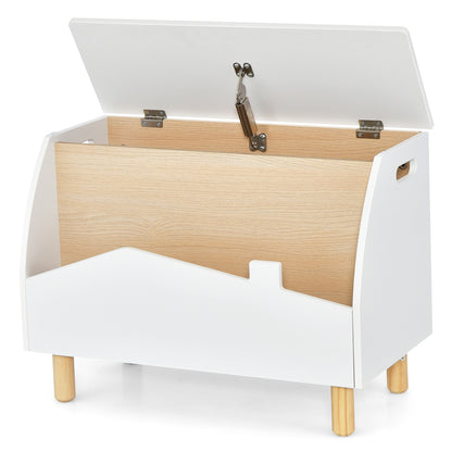 The open white kids storage unit with safety hinge is shown from the front with its wooden interior visible