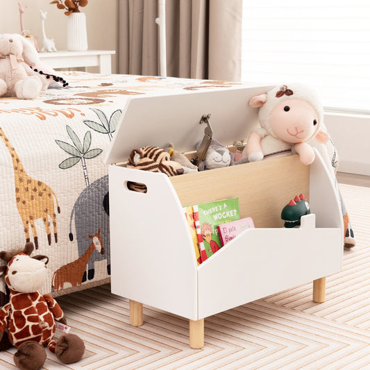 The kids toy box with safety hinge for playroom is shown in a bedroom setting with a child's bed and stuffed animals