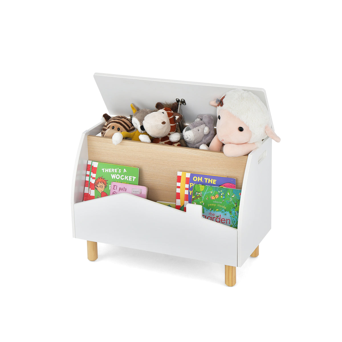 Kids Toy Box with Safety Hinge for Playroom, a white storage unit with wooden legs and an open lid filled with toys and books