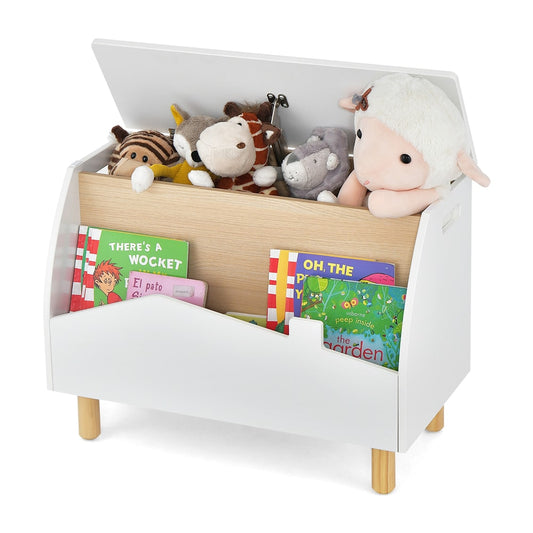 Kids Toy Box with Safety Hinge for Playroom, a white storage unit with wooden legs and an open lid filled with toys and books