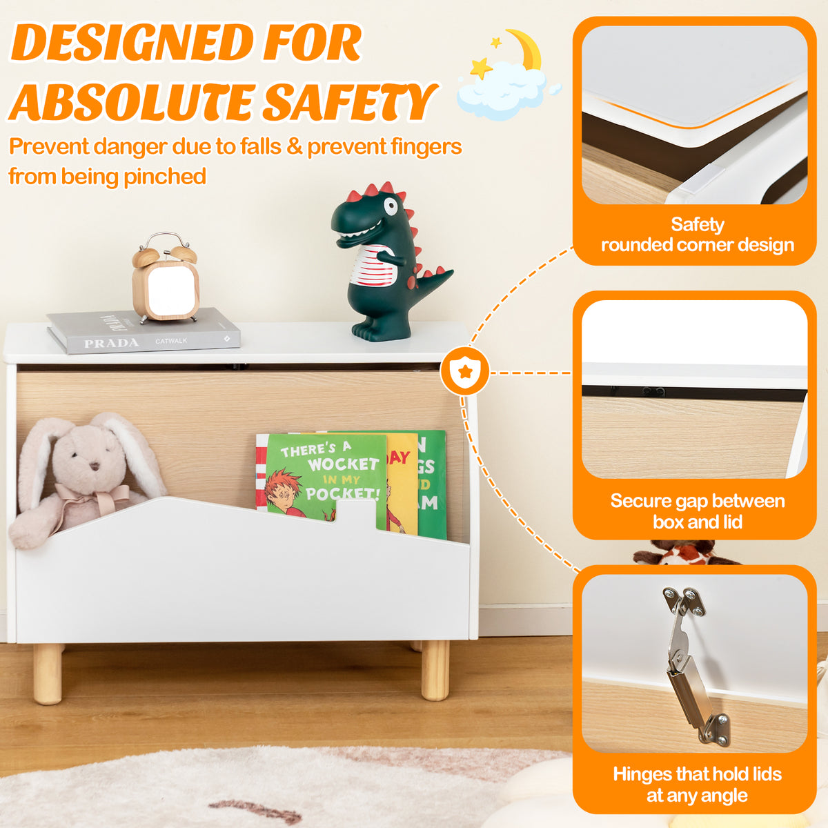 Close up details of the kids storage unit highlighting safety features like rounded corners and a safety hinge