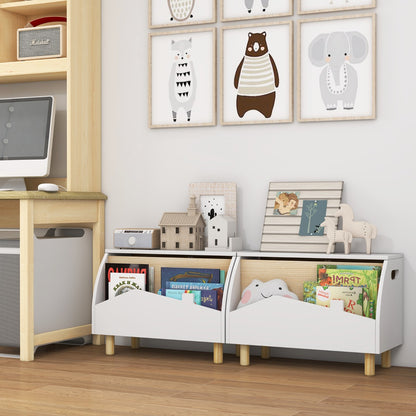 Two white kids storage units with safety hinges are placed side by side in a well-organized room