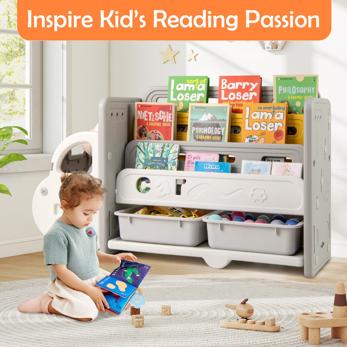 Child interacting with the car themed toy storage unit