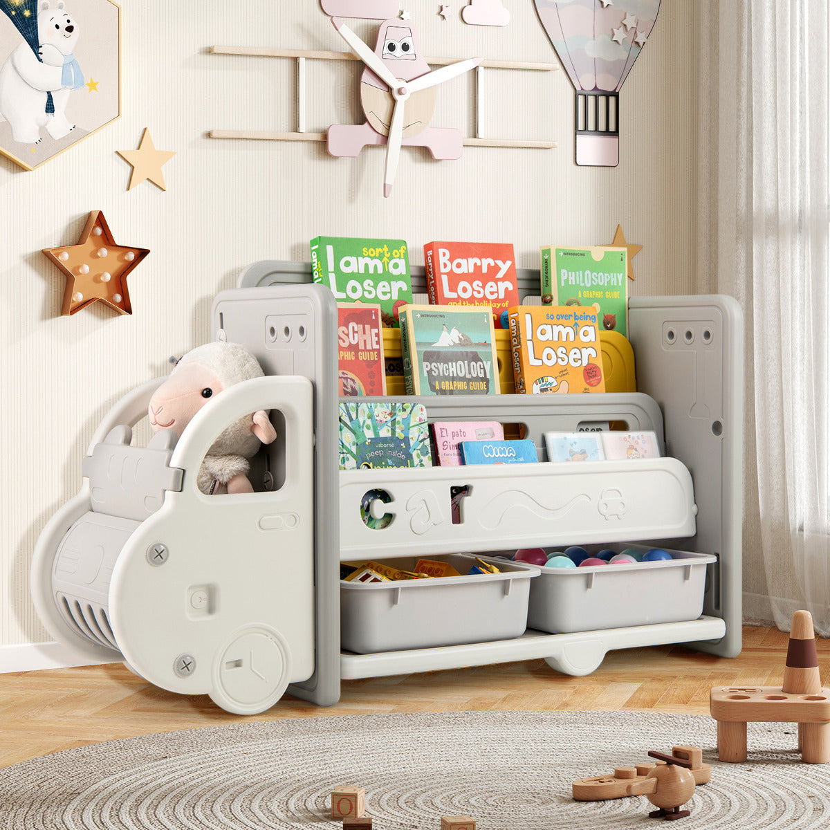 Car themed toy storage cabinet in a child's bedroom with books and toys