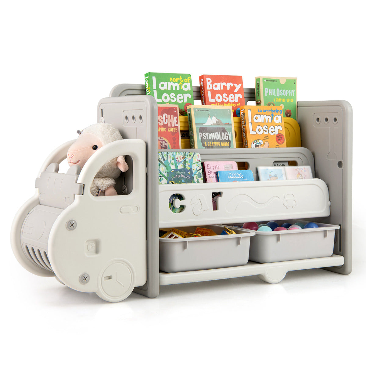 Kids Toy Storage and Bookshelf Car Themed Toy Storage Cabinet with shelves and storage bins