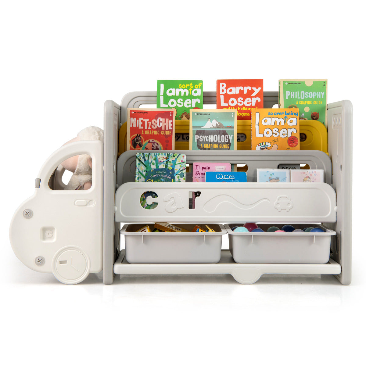 Car themed toy storage cabinet with books and storage bins