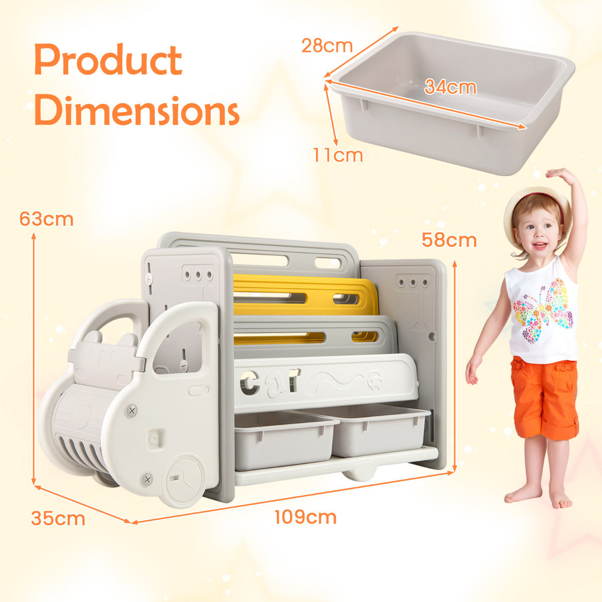 Product dimensions diagram for the car themed toy storage unit