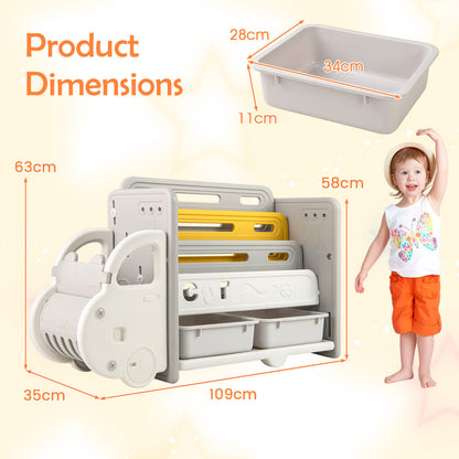 Product dimensions diagram for the car themed toy storage unit