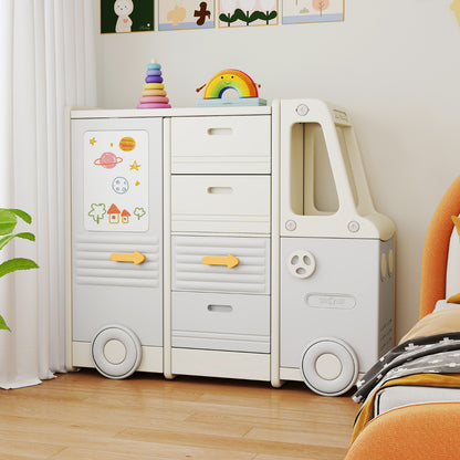 The toy storage unit in a child's bedroom, showing its playful design and storage compartments