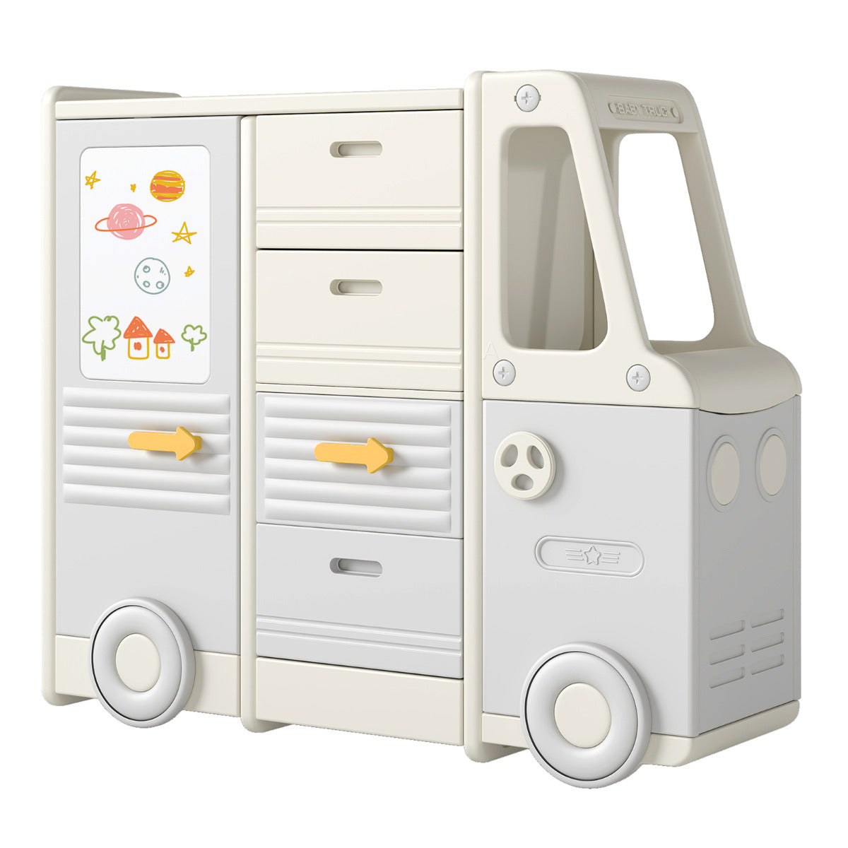 Kids Toy Storage Organizer with 4 Pull-out Drawers, a grey and cream coloured unit shaped like a van with decorative stickers