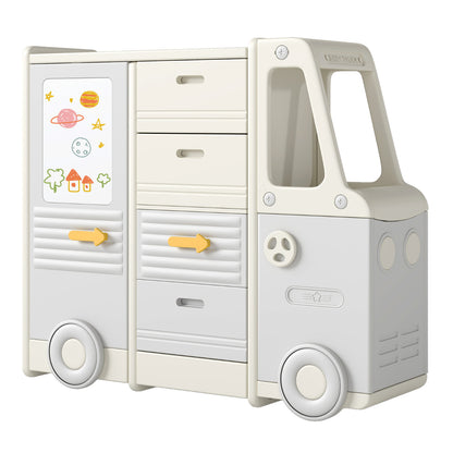 Kids Toy Storage Organizer with 4 Pull-out Drawers, a grey and cream coloured unit shaped like a van with decorative stickers