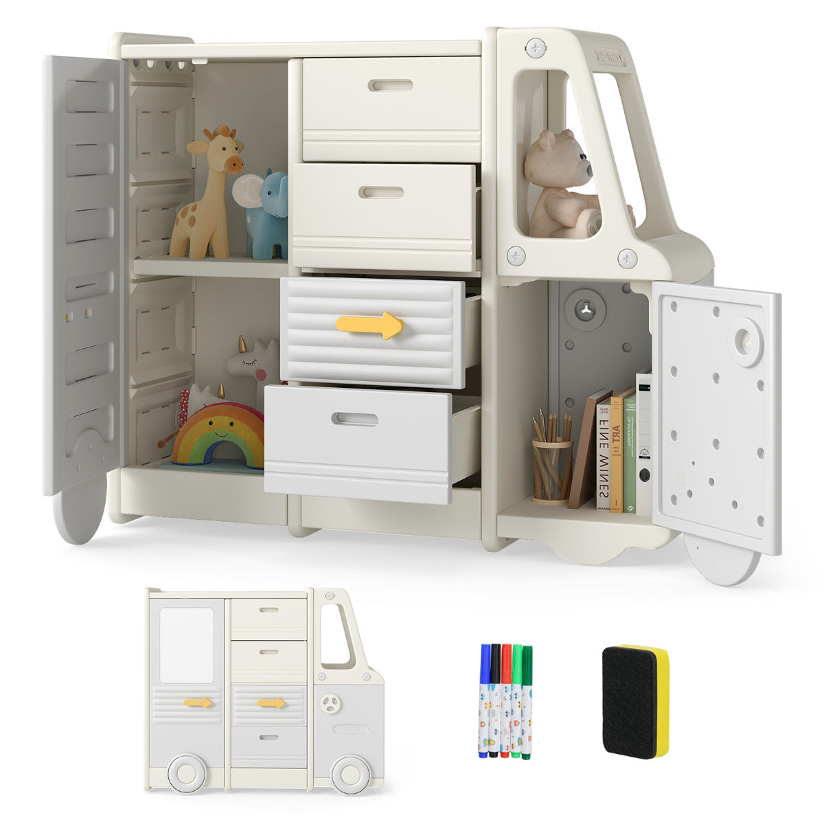 The toy storage unit with its doors and drawers open, revealing the storage space inside