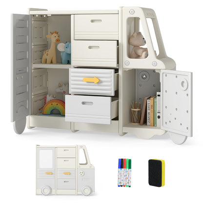 The toy storage unit with its doors and drawers open, revealing the storage space inside