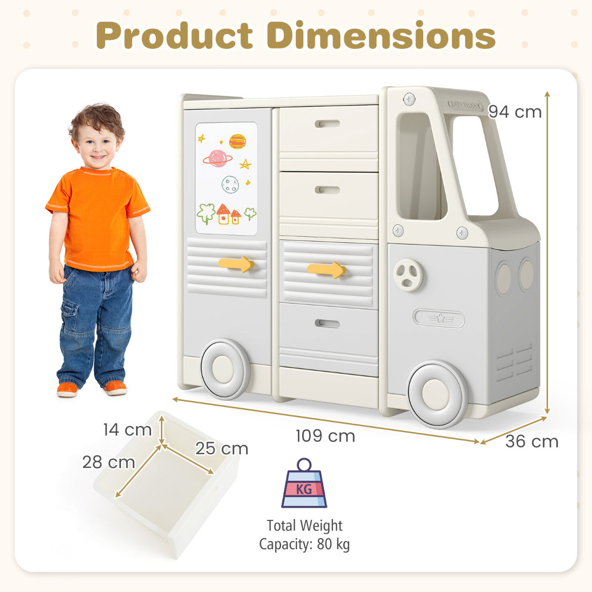 The toy storage unit with a child standing next to it, showing its size and proportions