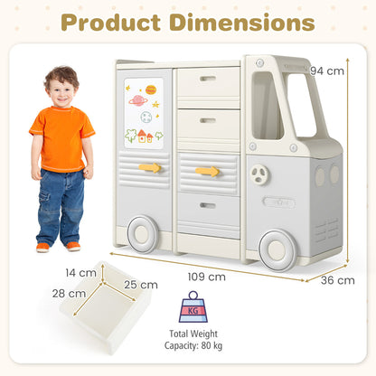 The toy storage unit with a child standing next to it, showing its size and proportions