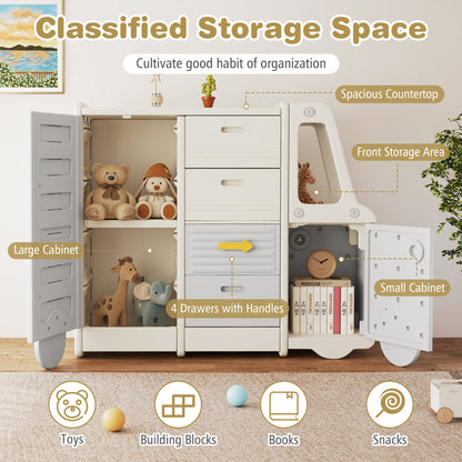 The toy storage unit with various items inside, labelled as toys, building blocks, books and snacks
