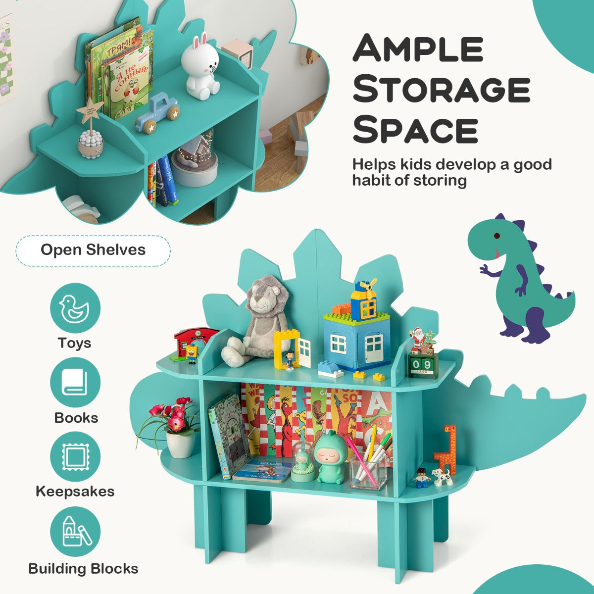 The kids storage unit with text highlighting its open shelves and storage capacity