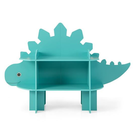 Kids Toy Storage Organizer in green shaped like a dinosaur with two open shelves