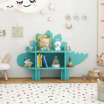 The kids storage unit filled with books and toys in a decorated nursery room