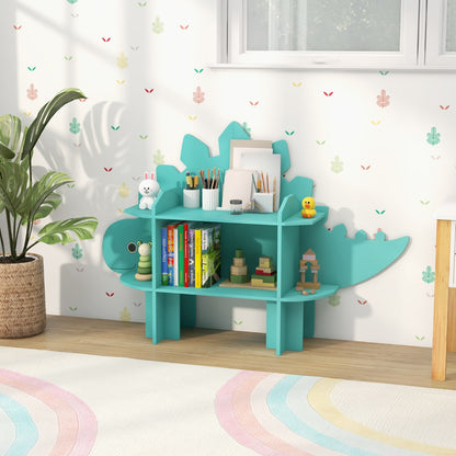 The kids storage unit placed against a wall with patterned wallpaper in a playroom