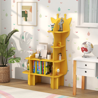 A yellow giraffe toy storage unit displaying books and art supplies in a child's room