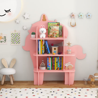 The pink unicorn storage unit filled with children's books and toys in a nursery