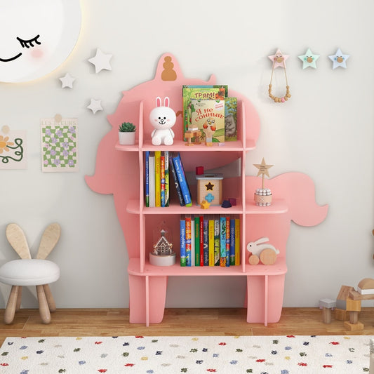 The pink unicorn storage unit filled with children's books and toys in a nursery