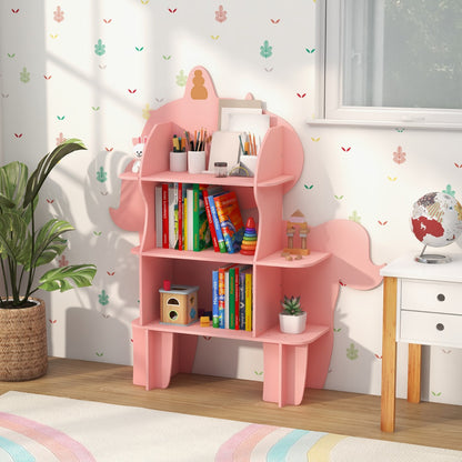 The unicorn toy storage unit displaying books, art supplies and a globe