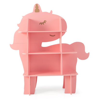 Kids Toy Storage Organizer in a pink unicorn shape with multiple shelves