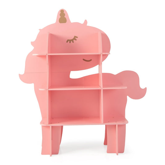 Kids Toy Storage Organizer in a pink unicorn shape with multiple shelves